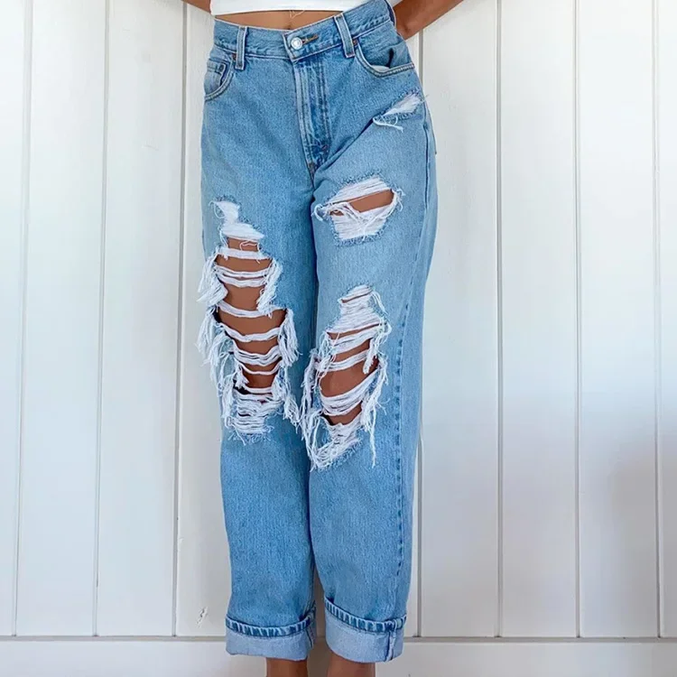 Women Hole Straight Hollow Cargo Pants Women Baggy High Waisted Pants Ripped Jeans Mom Jeans Fashion Blue Wide Leg Trousers Y2k