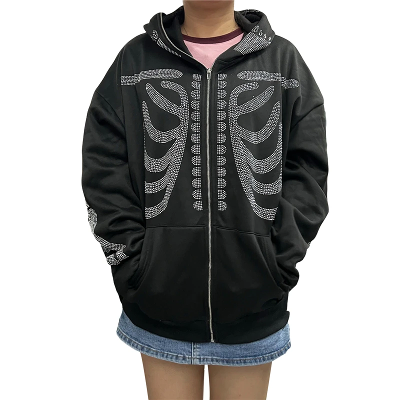 

Rhinestone Zip Hoodie Goth Sweatshirt y2k Women Skeleton Print Long Sleeve Tops with Pockets Dark Academia Jacket Streetwear