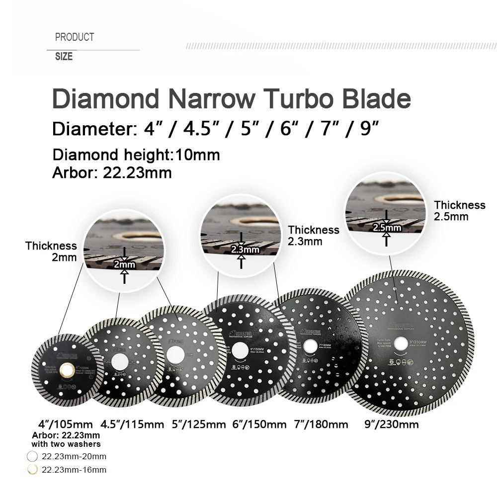 SHDIATOOL 1pc Diamond Hot Pressed Superthin Diamond Turbo Saw Blade Cut Ceramic Tile Granite Cutting Disc 105/115/125/180/230mm