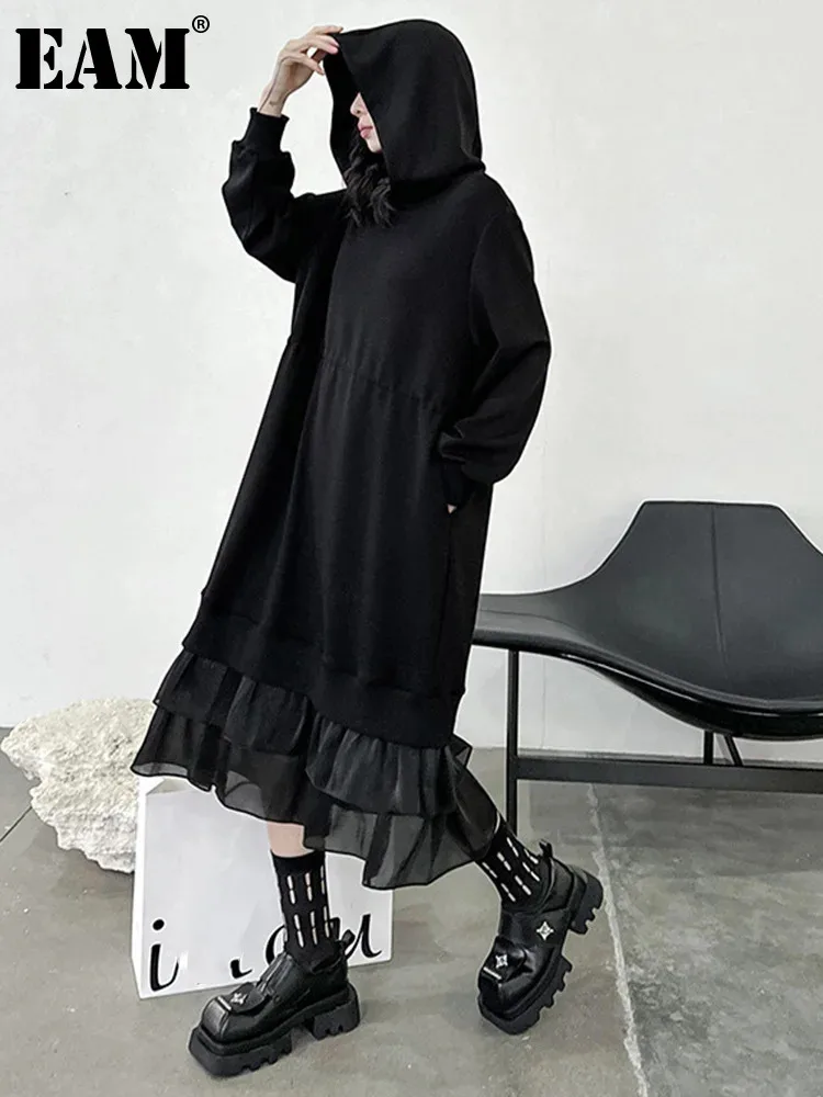 

[EAM] Women Black Hem Organza Ruffles Big Size Midi Dress New Hooded Long Sleeve Fashion Tide Spring Autumn 2024 1DH4810