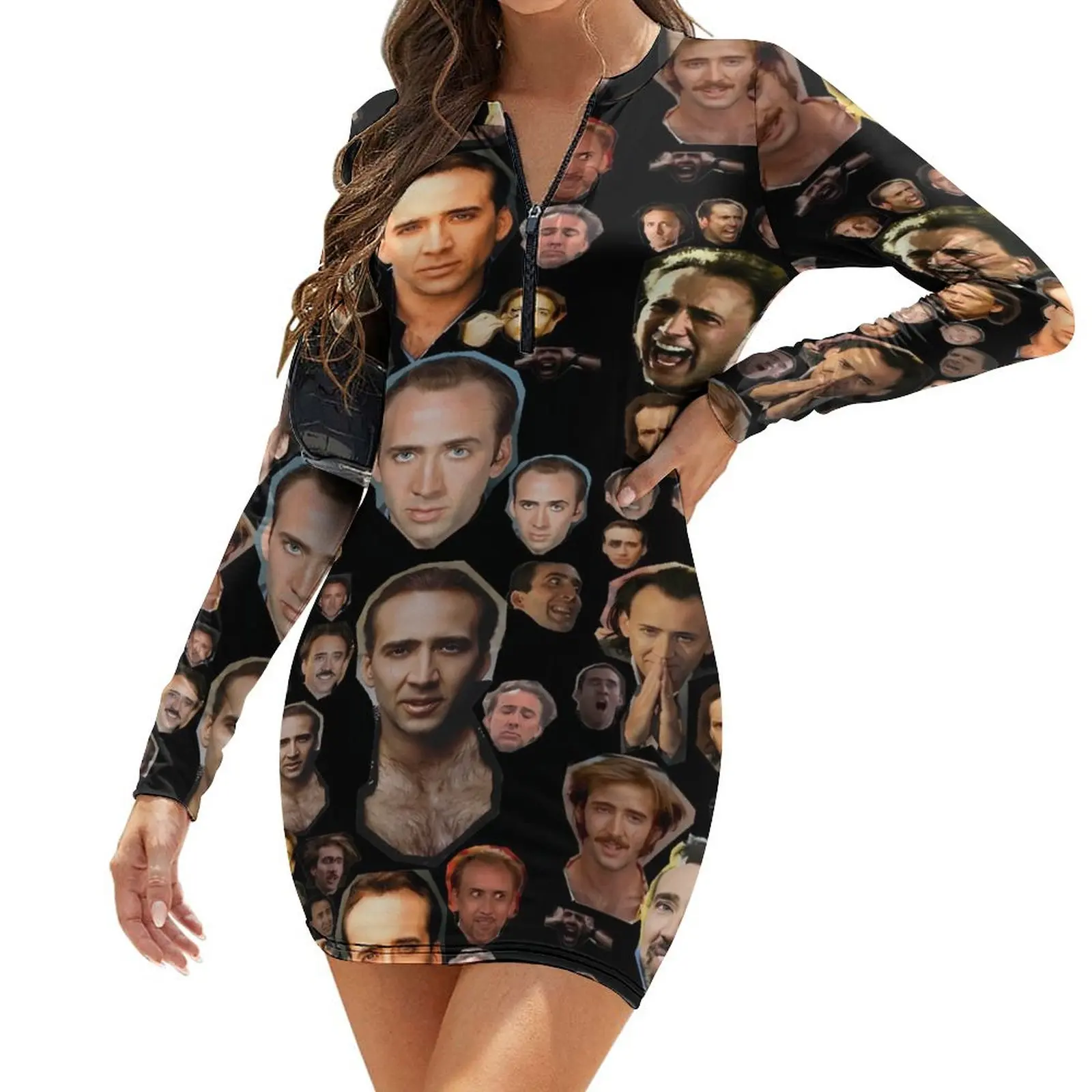 

Nicholas Cage Faces Dress Female Nick Cage Fashion Bodycon Dress Spring Long Sleeve Vintage Dresses Graphic Oversize Vestidos