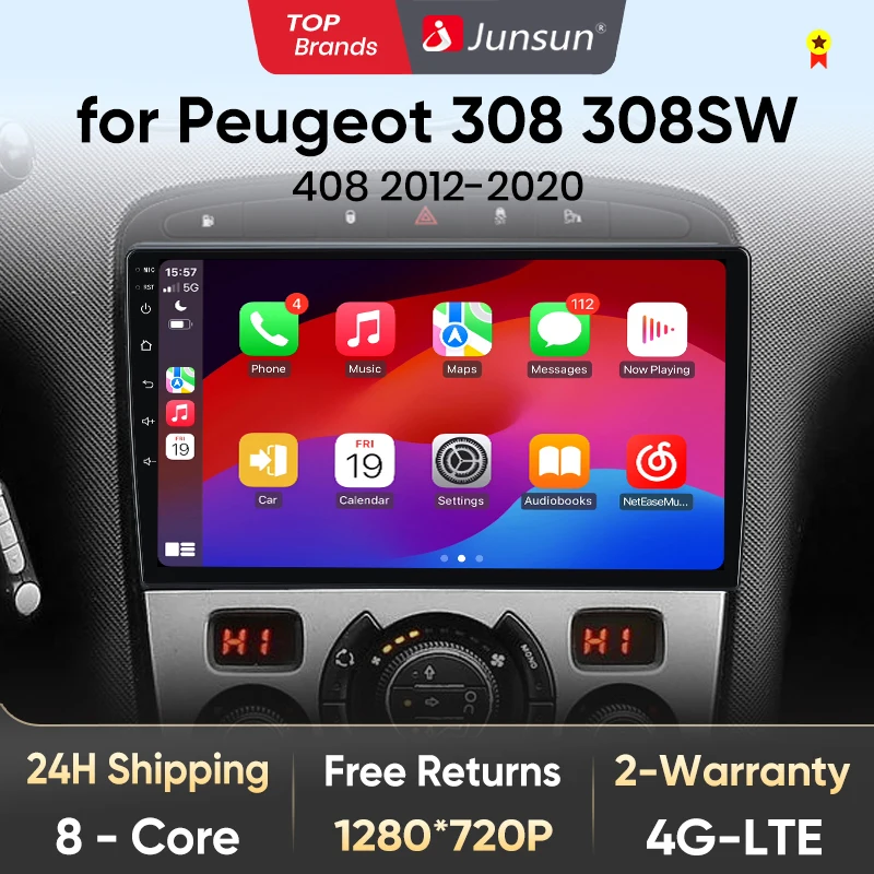 Junsun-V1 AI Voice Wireless CarPlay Android Auto Radio pour KIT, 308, 308SW, 408, 2012-2020, 4G, Limitation de la voiture, GPS, Autoradio 2Din