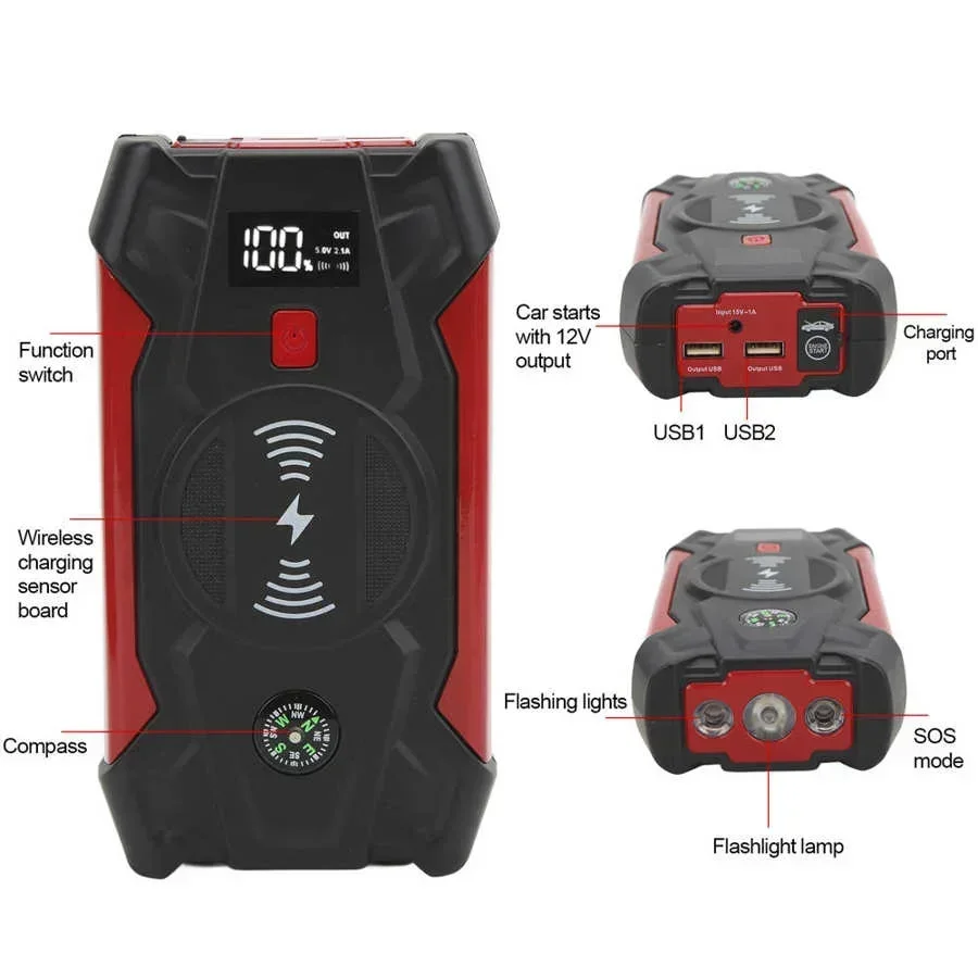39800mAh Car Jump Starter 1200A LED Display Power Bank Battery Booster 12V Car Battery Charger Starting for 3-5L Vehicle