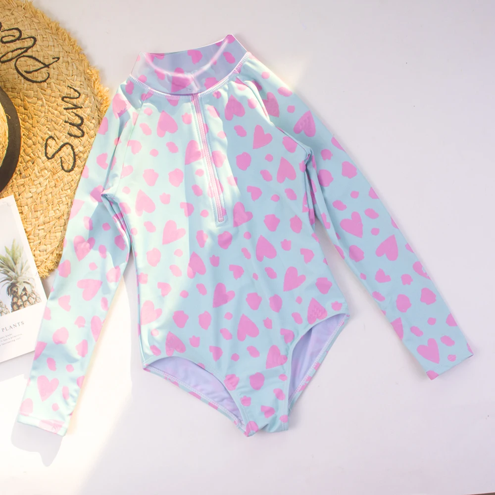One-piece Quick-Drying Heart Print Swimsuit For Girls Zipper High Elasticity Long Sleeved Round Neck Sports Baby Kids Swimwear