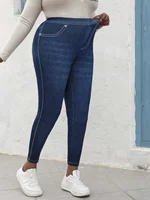 Plus Size Women's High Elasticity Pants Imitation Jeans Printed Washed Effect Slim Fit Female Bottoms Casual Knit Trousers - Image 3