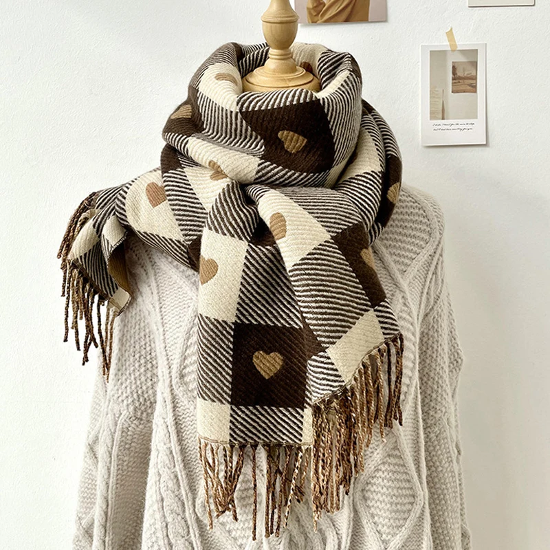 

MoriBty Winter Plaid Cashmere Scarf Women Luxury Heart Striped Tassle Shawl Wraps Large Warm Retro Ponchos Hijab Szal for Ladies