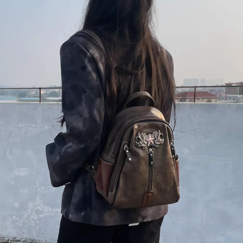 Star Patchwork Zipper Retro Backpacks Japanese Vintage Women Students Backpack All Match Casual Schoolbags Y2k Aesthetic Fashion 5