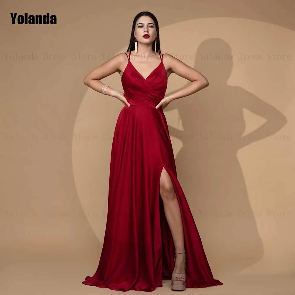 

Red Exquisite A-line Wedding Dress Satin Open Back Draped Pleat Front Split Sleeveless Bride Dresses Floor Length robe de mariée