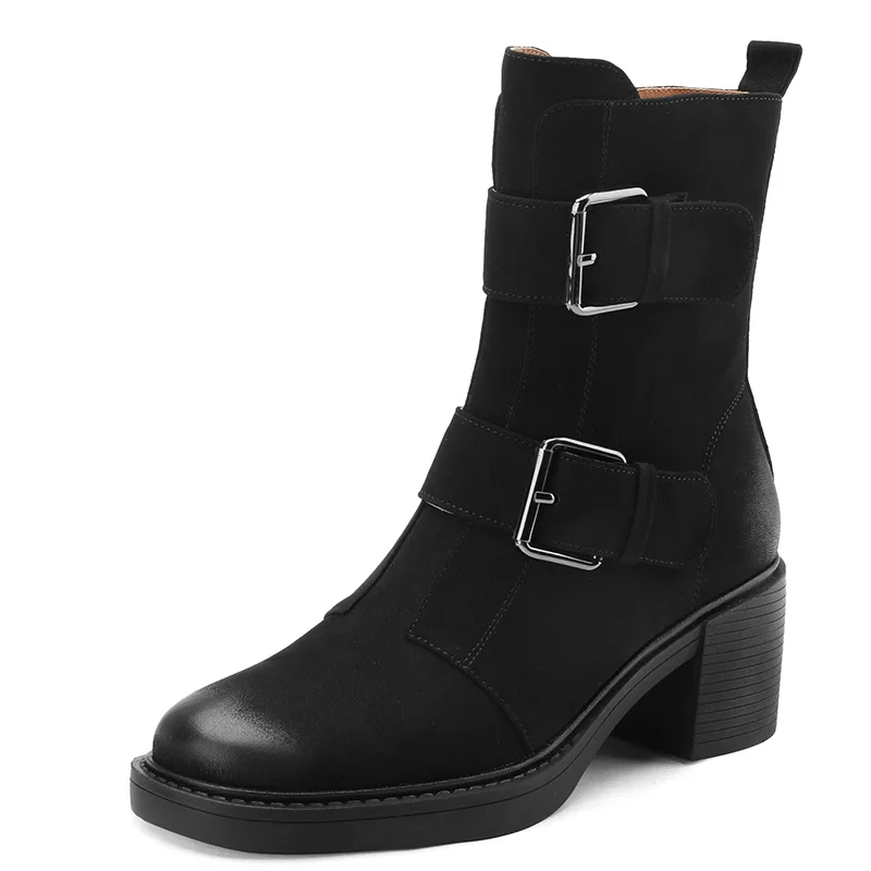 

Sheep Suede Spring Autumn Women Ankle Boots Belt buckle High Heel Round Toe Retro Black Brown Zipper Platform Boots