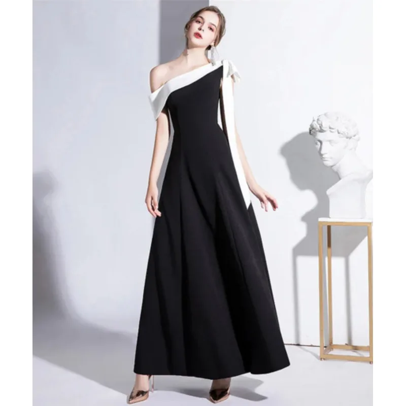 LANMU Black Evening Dress Women's New 2024 summer One Shoulder Style Banquet Slim Long Daily Prom Gown Graduation Party Dress