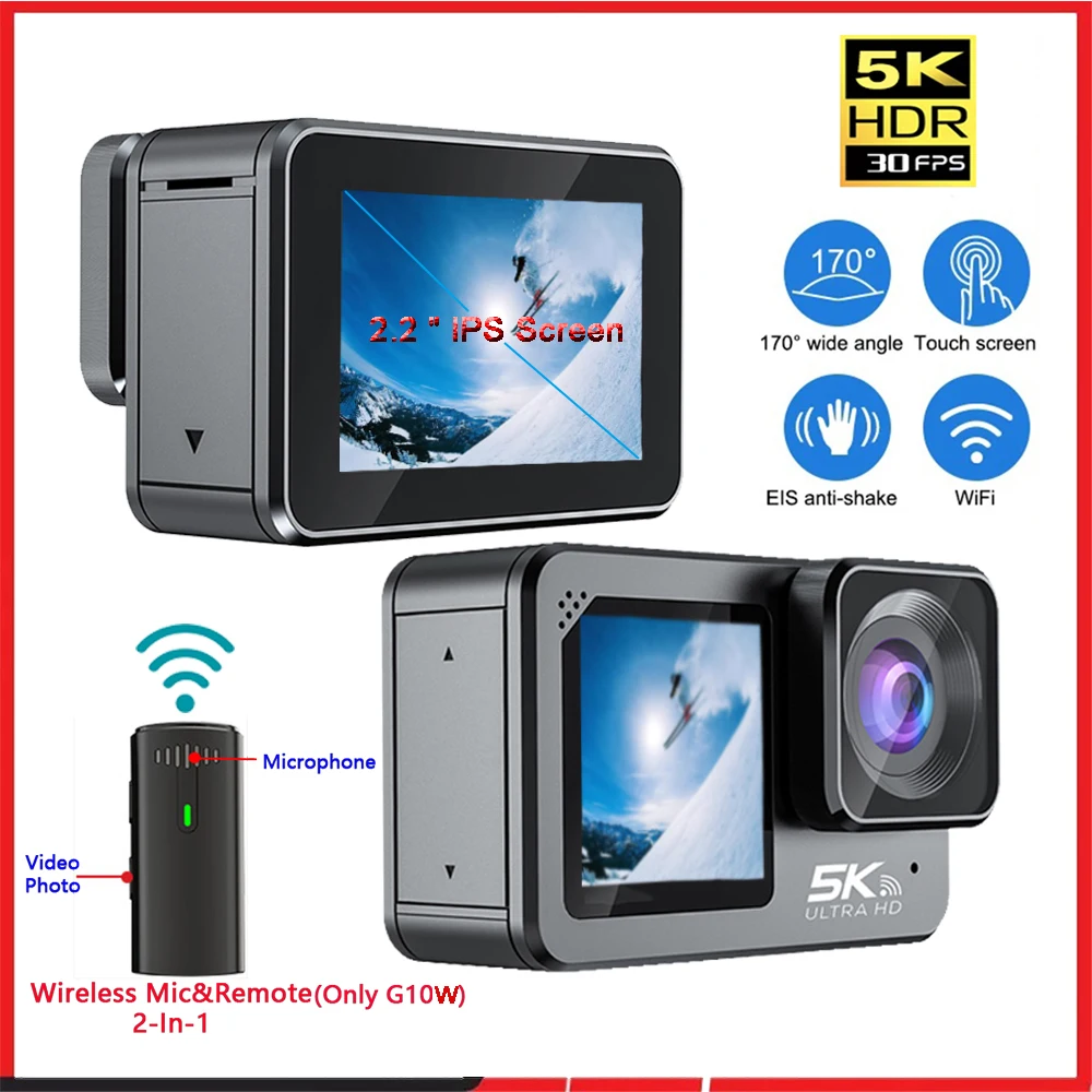 

Action Camera F6W 5K 4K60FPS 48MP Wireless Mic 2.2" Touch LCD EIS Dual Screen WiFi 170D Waterproof 30M 8X Zoom Go Sports Pro Cam