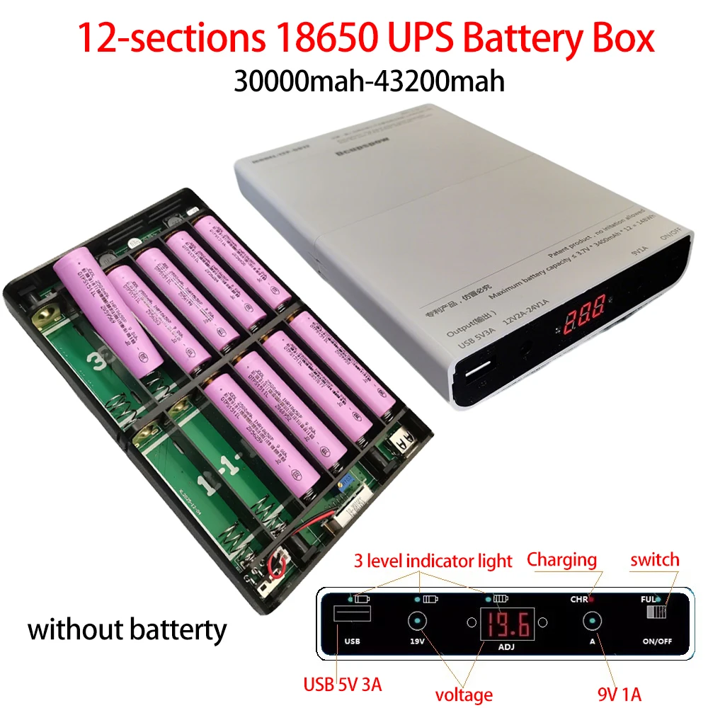 Boîtier de batterie UPS à 12 sections, alimentation sans interruption, boîtier de stockage d'alimentation, coque de batterie 12x18650 pour routeur WiFi