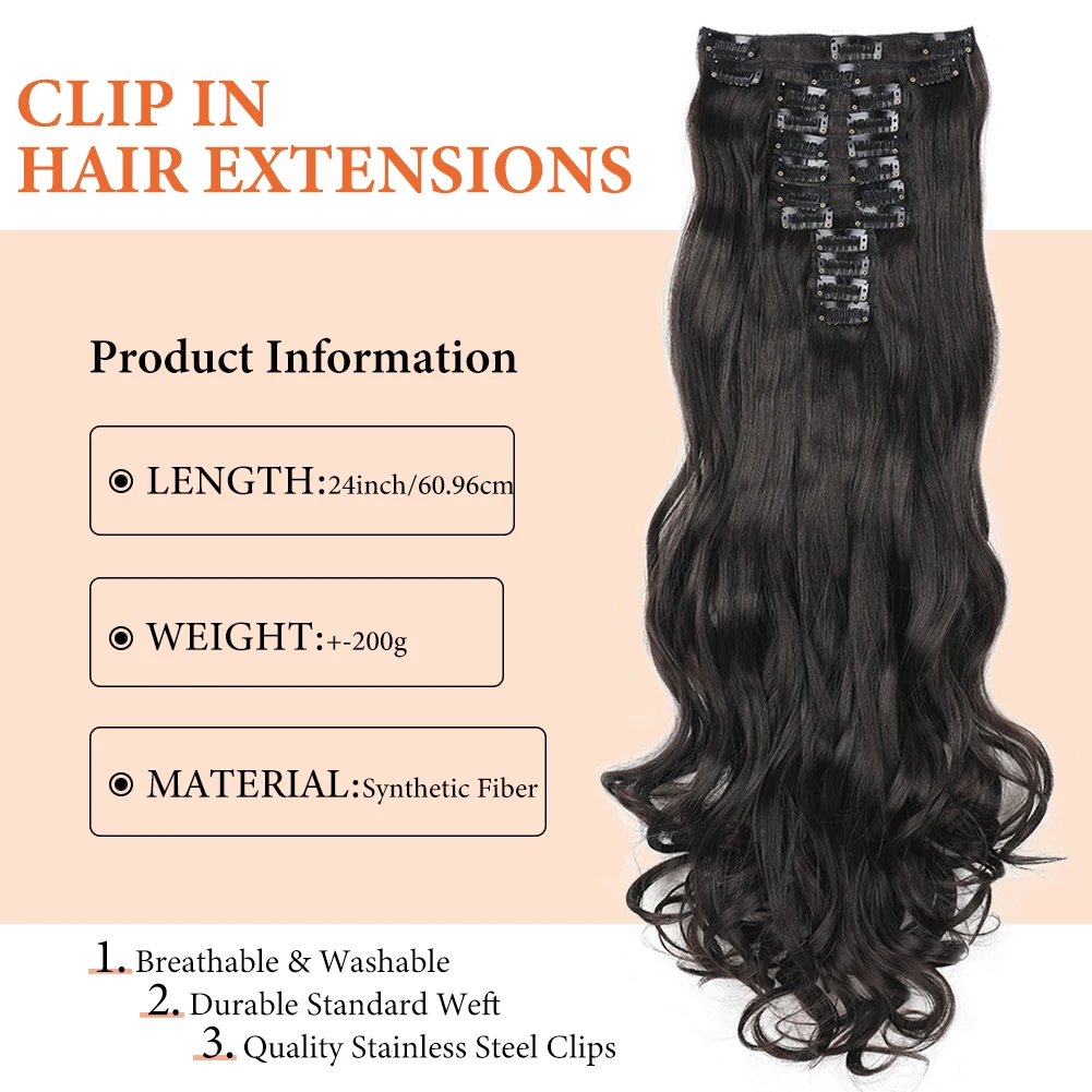 Extensiones de Cabello con Clip para mujer, postizos sintéticos de alta calidad, 12 piezas, mezclas de 24 pulgadas, pelo grueso de doble trama