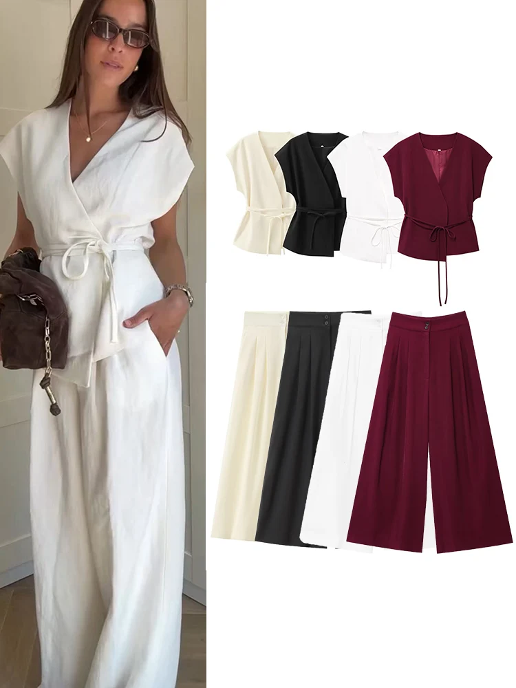 TFMLN Fashion Women's Trouser Suits Sleeveless V-Neck Top With Belt Straight Pants Sets 2025 Spring Summer Commuter 2 Piece Set