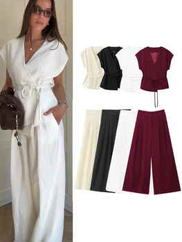 TFMLN Fashion Women's Trouser Suits Sleeveless V-Neck Top With Belt Straight Pants Sets 2025 Spring Summer Commuter 2 Piece Set
