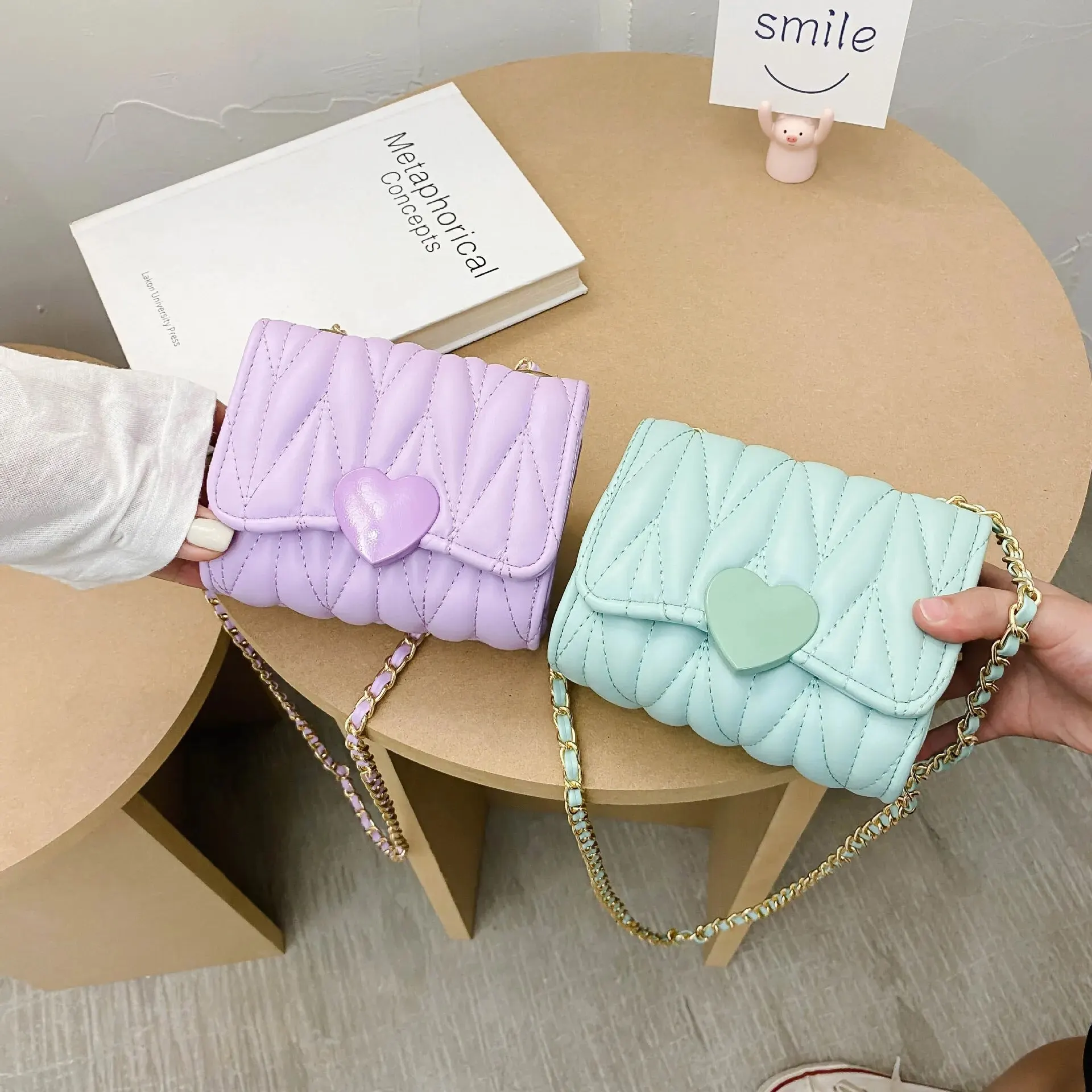 Cute Fashion Baby Girls Shoulder Bags Solid Color Kids Coin Purse Accessories Handbags PU Leather Love Square Small Bag