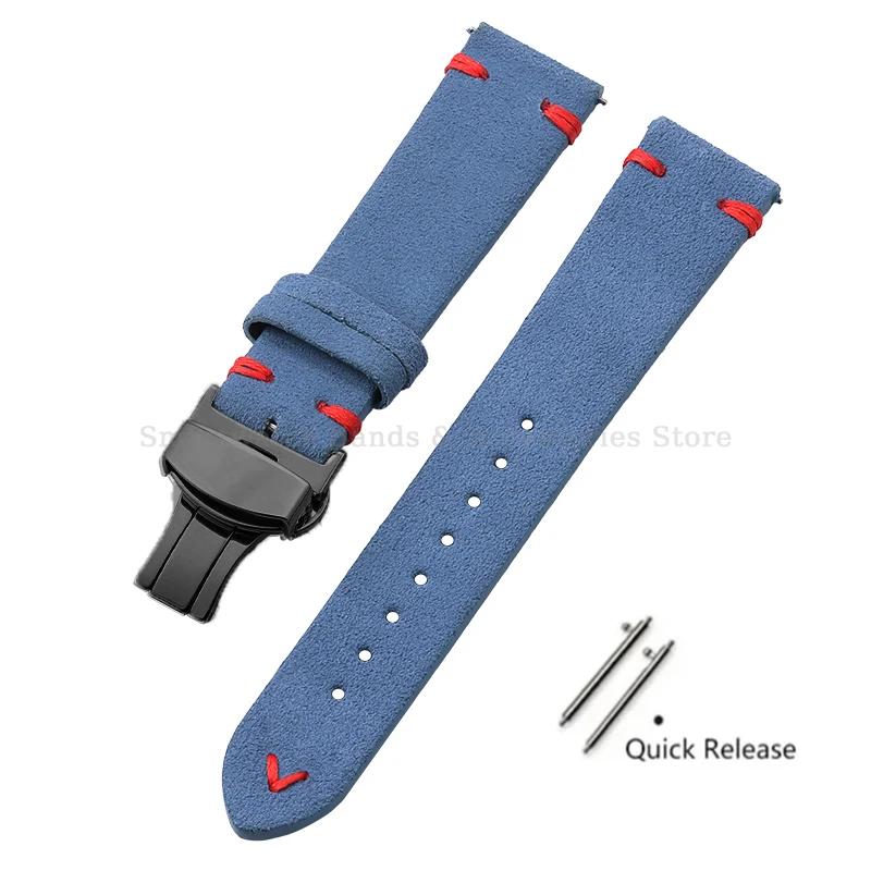 Vintage Handmade Suede Stitch Leather Watch Strap with Quick Release and Folding Clasp