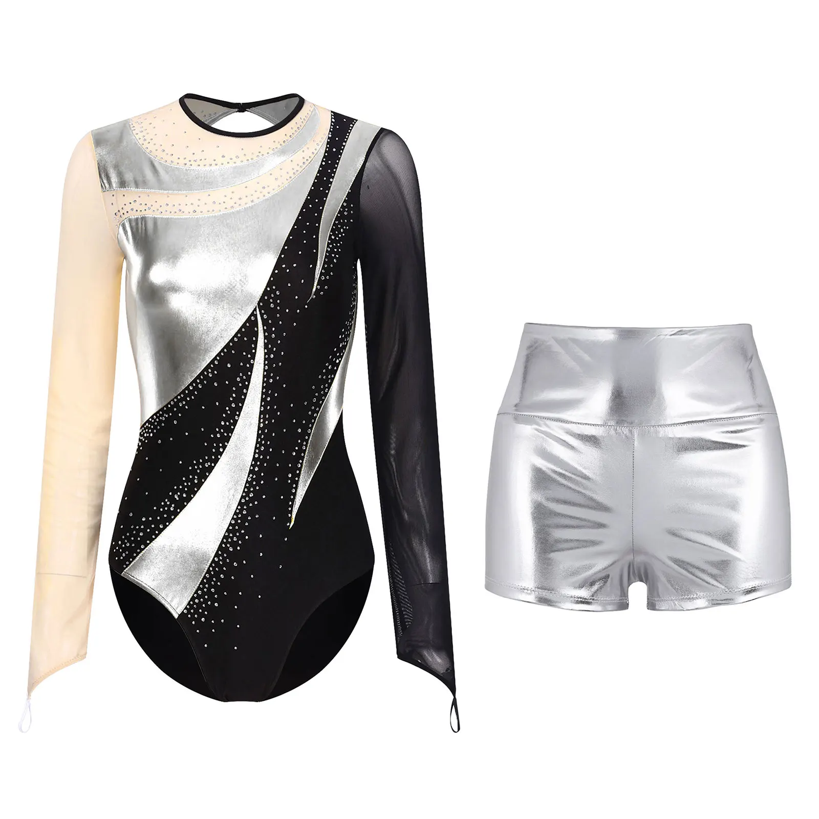 thumbnail image 1 of Body de gimnasia para mujer, con diamantes de imitación brillantes, patinaje, pantalones cortos metálicos, trajes de baile de Ballet, mono de leotardo de manga larga, 1 of 5