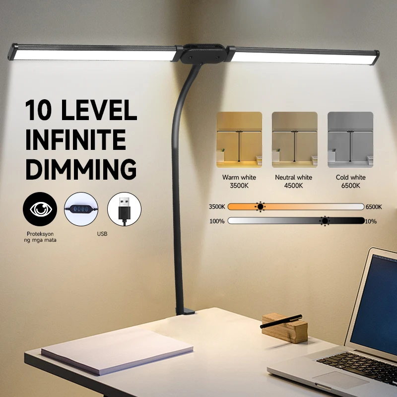 더블 헤드 LED 책상 램프, 무단 조도 조절 컴퓨터 모니터 조명, 침실용 독서등, 눈 보호, USB 테이블 램프, 24W 
