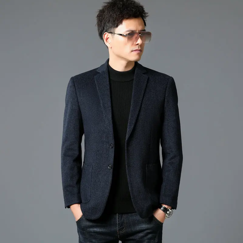 

2024 Men Gray Navy Houndstooth Wool Blazers Classical Sheep Woolen Suit Jackets Male Business Smart Casual Outfits Work OOTD