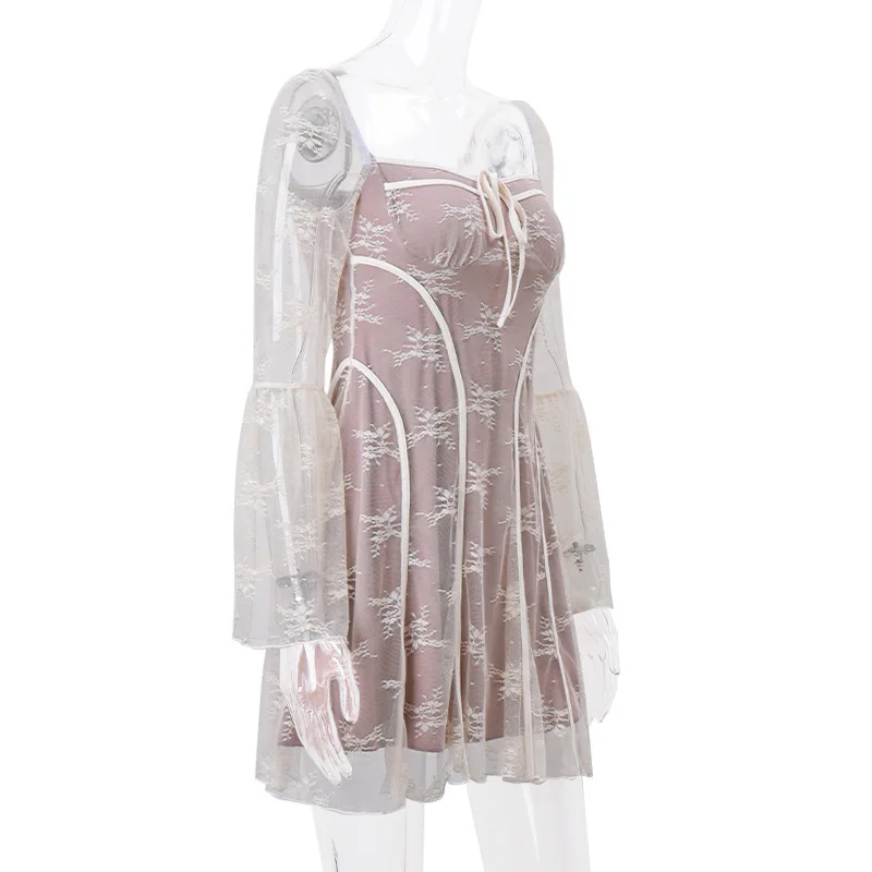 European and American women's new flared sleeve ballet style sexy and pure desire lace wrapped chest print long sleeved dress