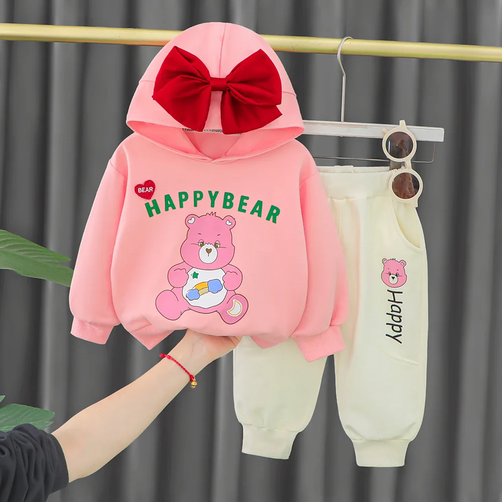 

Princess Girls Bowknot Design Clothing Sets Cute Bear Print Baby Girl Outfit Set 0-4y Kids Hooded Sweatshirt Pants Clothes Set