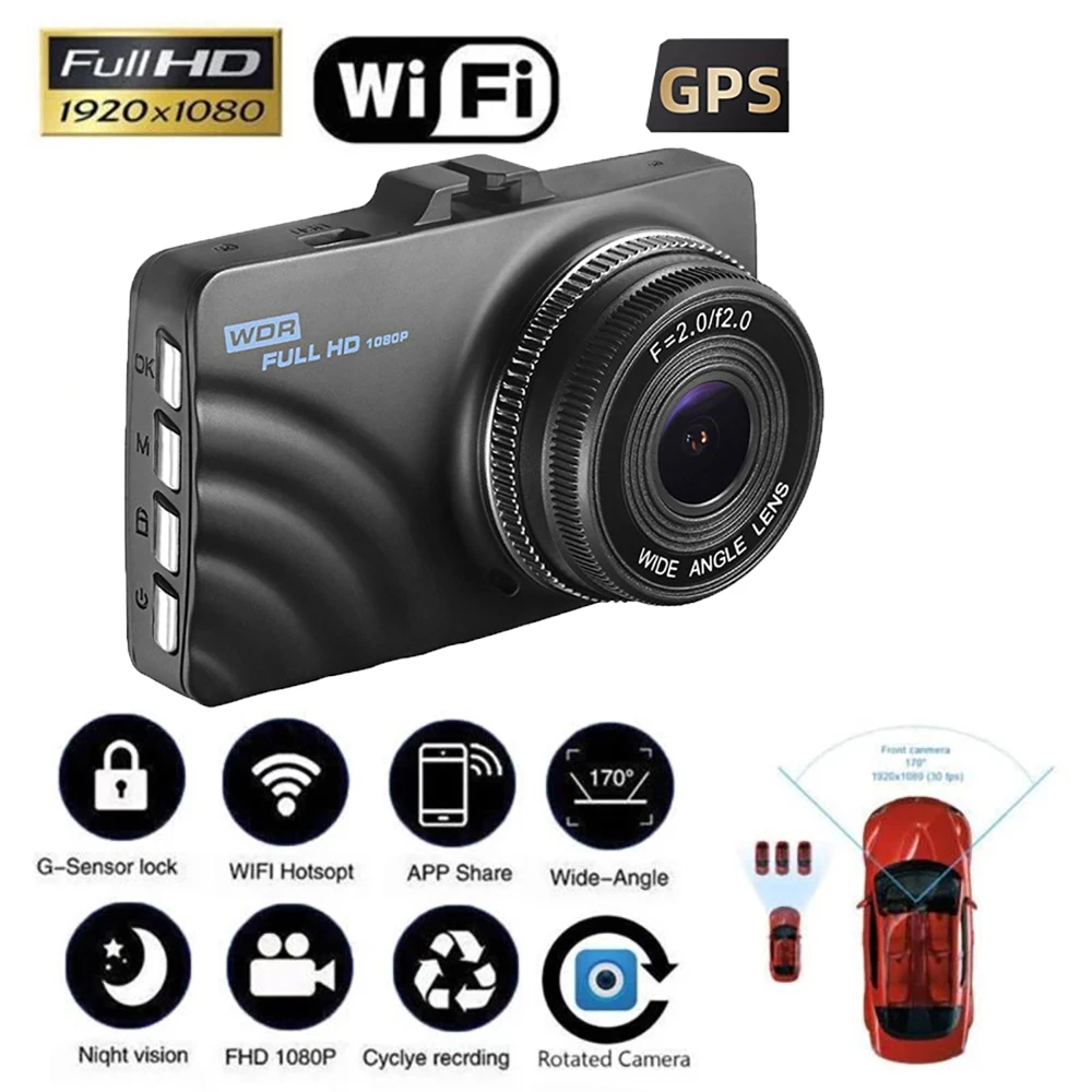 

Автомобильный видеорегистратор с WiFi, видеорегистратор 3,0 Full HD 1080P, камера заднего вида, видеорегистратор, Автомобильный видеорегистратор, черный ящик, GPS, автомобильные аксессуары, ночное видение