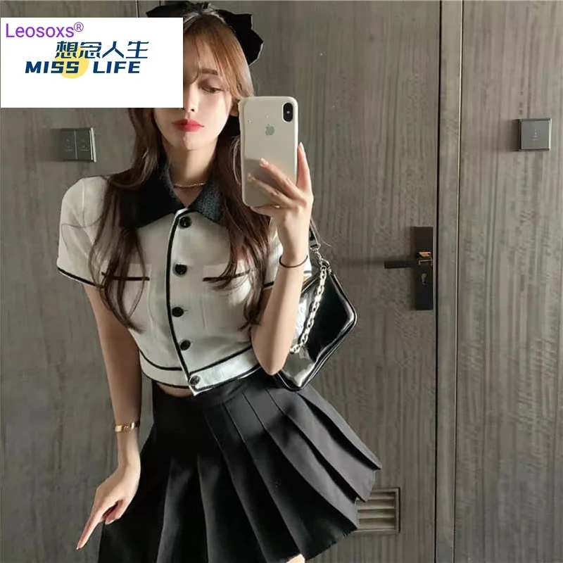 

Preppy Skirt Sets Women 2 Piece Set Korean Style Pleated JK Skirt And Cropped Jacket Uniform Sets Summer Fashion Female Clothing