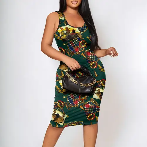 Plaid Art Print Sleeveless Midi Dress, Bodycon Tank Dress with Round Neck, Fashion Casual Wear for Women, XS-2XL - Image 4