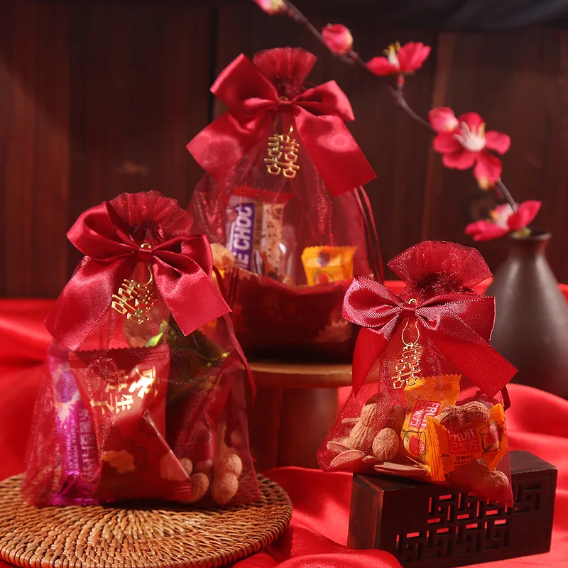 50Pcs/Lot Wholesale 10x12, 13x18, 17x23cm Red Organza Wedding Candy Jewelry Packing Drawstring Pouch Decoration