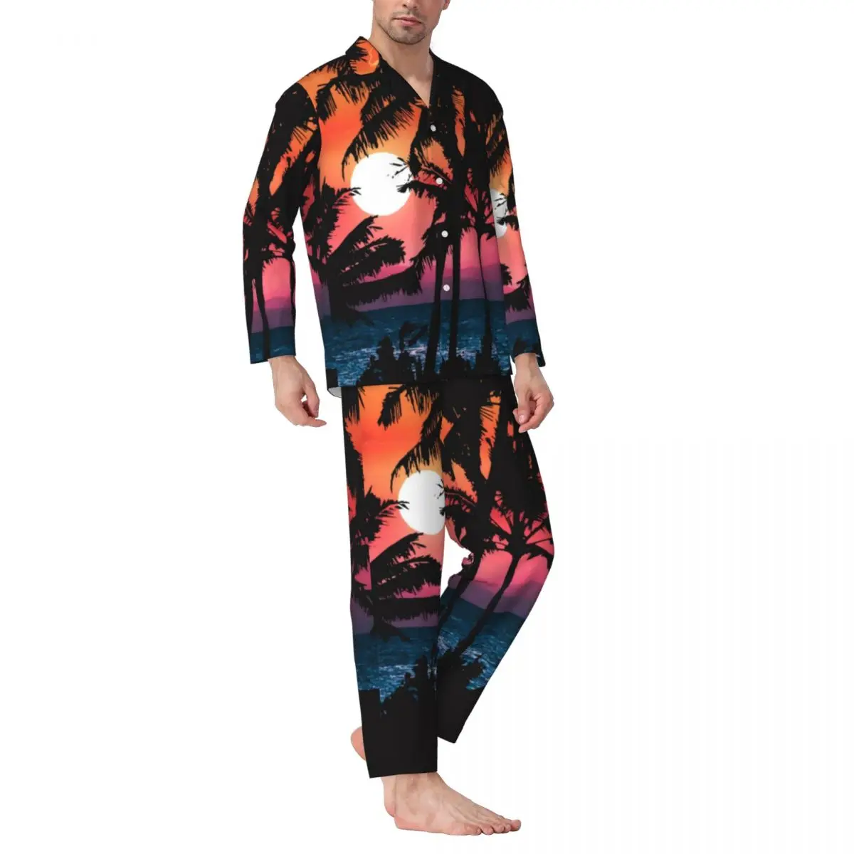 

Pajamas Men Tropical Palm Tree Bedroom Sleepwear Pink Orange Sunset 2 Piece Pajamas Set Long Sleeve Soft Oversize Home Suit