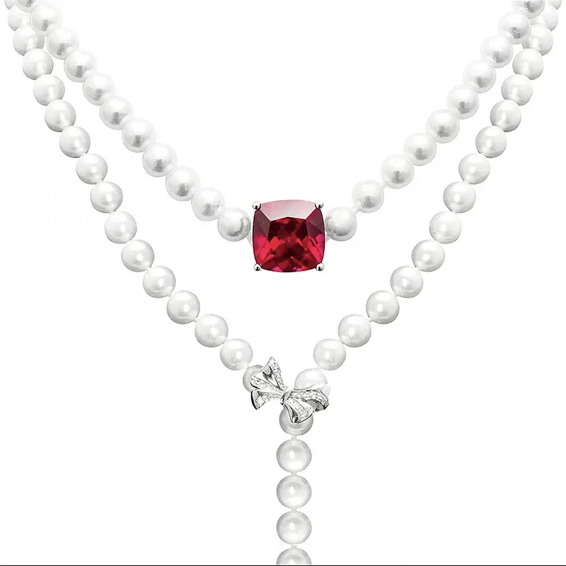 

Bowknot Pearl Ruby Diamond Necklace 100% Real 925 Sterling Silver Engagement Wedding Chocker Necklace For Women Bridal Jewelry