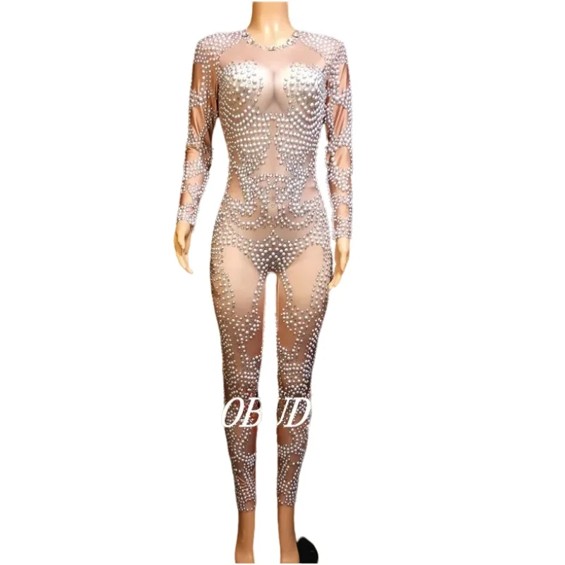 

Pearl Nude Spandex Elastic Skinny Jumpsuit Women Birthday Celebration Prom Crystals Beads Leotard Bar Party Singer Stage Costume