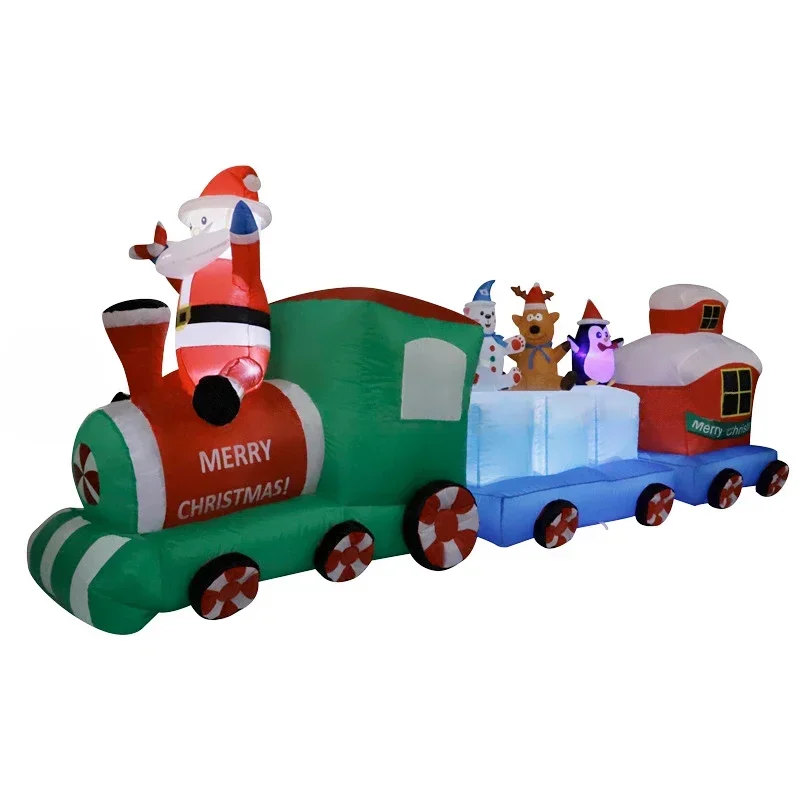 Christmas Inflatable Train with Colorful Lights Santa Claus Penguin Elk Outdoor Decoration for Holiday Lawn Garden Party Decor