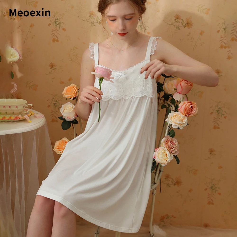 

Пикантная кружевная ночная сорочка Meoexin для женщин, тонкая дышащая Трикотажная хлопковая милая и милая Пижама принцессы без рукавов