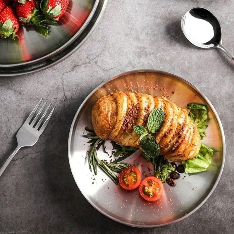 Stainless Steel Double Round Layer Dinner Plate Insulation Heat Dish Anti-scald Korean Bowl Seasoning Dish Supplies Kitchen