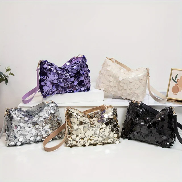 Fashionable minimalist solid color sequined underarm bag, exquisite versatile casual shoulder bag, large capacity, stylish and s