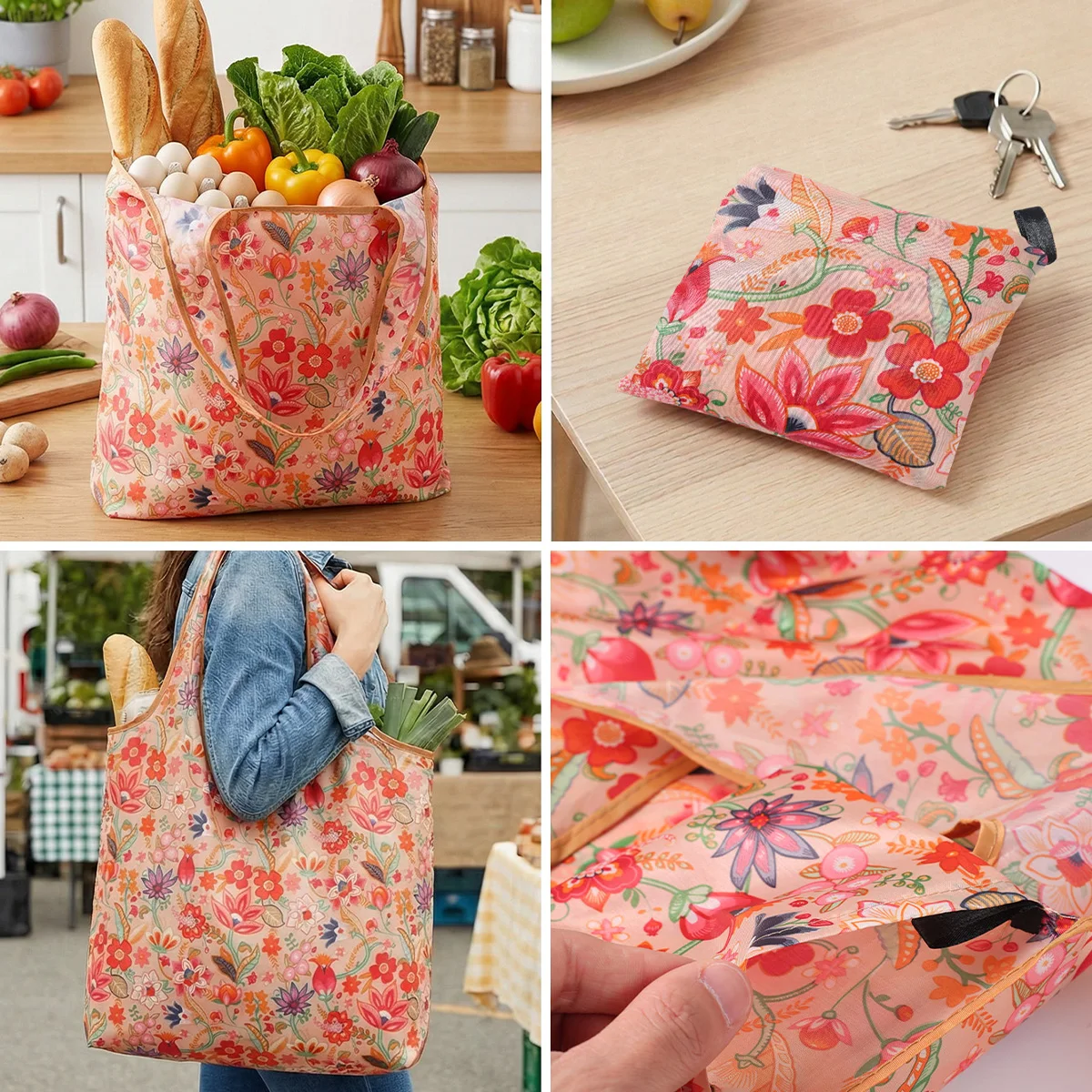 Eco-Friendly Foldable Red Floral Reusable Shopping Tote Bag