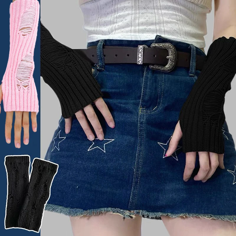 

Gothic Black Tattered Punk Unisex Fingerless Cuff Knit Gloves Women Men Elbow Length Mittens Broken Stretch Arm Warmer Gloves