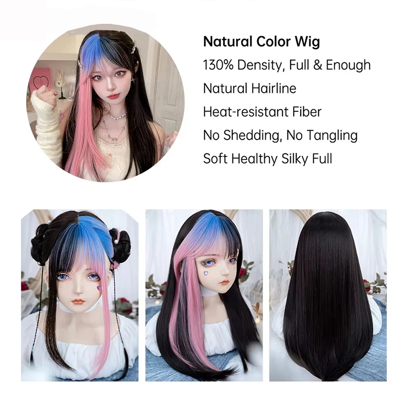Synthetic Long Ombre Colorful Cosplay Lolita Harajuku Wig With Bangs Natural Wavy Halloween Pink Purple Blue Daily Wigs