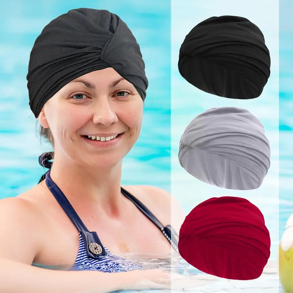 

Women Swimming Hat Solid Color Long Hair Bathing Cap Free Turban Pool Sport Size Elastic Swim Drape Nylon Stretch