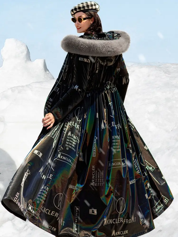 コートリアルフォックスファーコートフィット30 ℃  130センチメートルスーパーロングの女性のダックダウンコート冬光沢のある暖かいふわふわダウンパーカー防水コートwy510