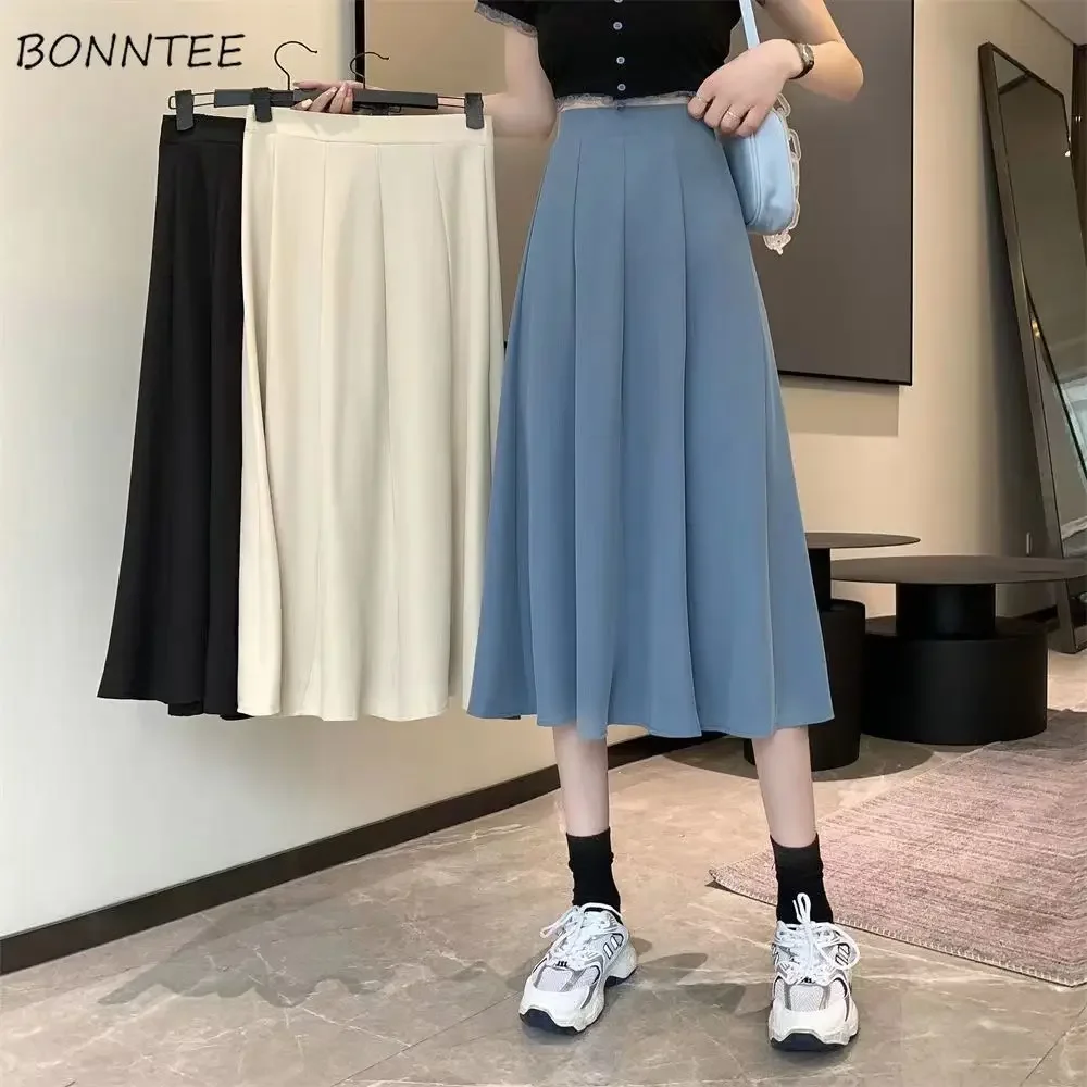 

4 Colors Mid Calf Skirts Women A-line Folds Elegant Casual Pure Preppy All-match Females Korean Style Faldas Largas Cozy Mujer