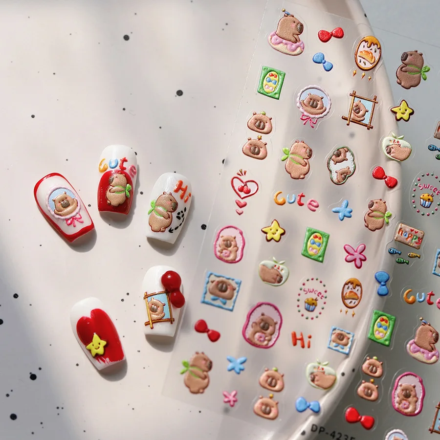 Lovely Capybara Cartoon Doodle 5D Soft Embossed Reliefs Self Adhesive Nail Art Sticker Cute Hamster 3D Manicure Decals nail stickers decorative stickers nail art decoration nail decals