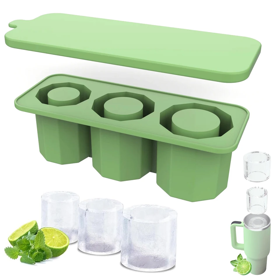 Stanley Cup - Stampo per cubetti di ghiaccio, 3 scomparti, in silicone, con coperchio per Stanley Cup, cubetti di ghiaccio per Stanleycup da 40 Oz Tumbler, cocktail, whisky, Juice (verde