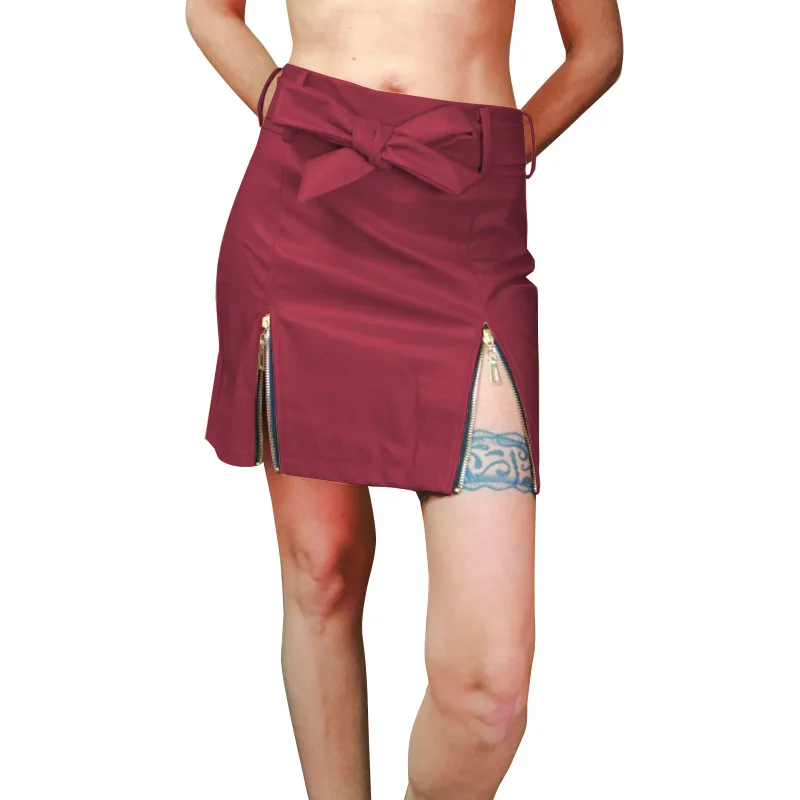 New Fashion Belt Zipper Western Style Mini Leather Skirt Female High Waist Bag Hip Black A-line PU Leather Short Skirt Red Brown