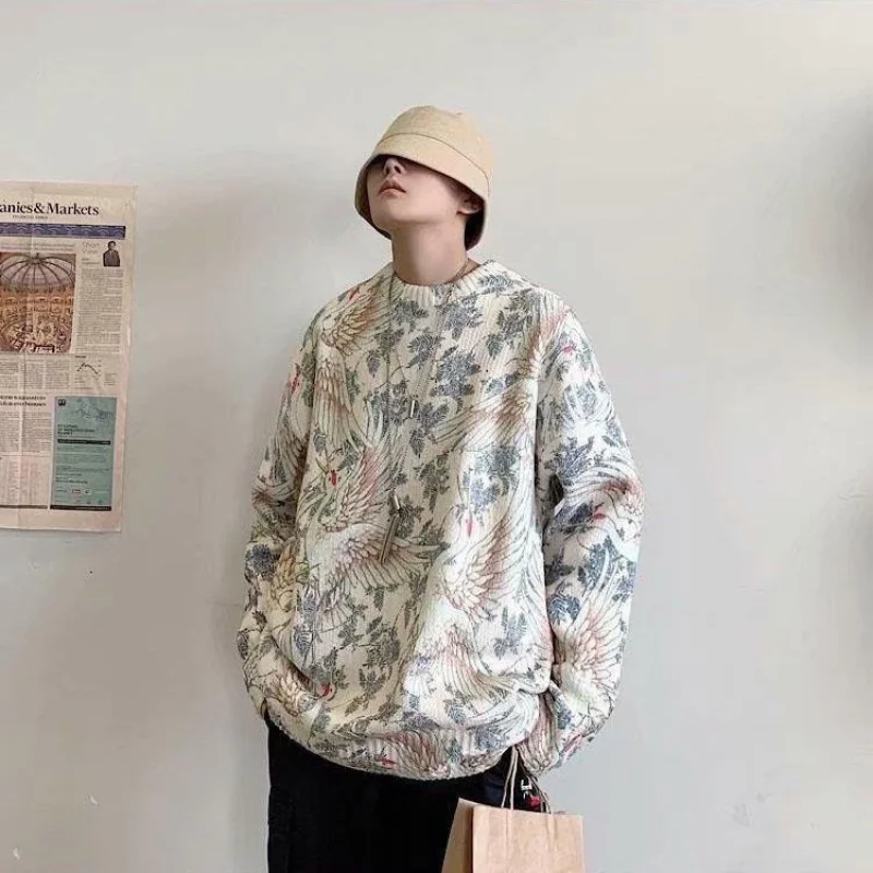 2023 New Autumn and Winter Fashion Trend Chinese Style Round Neck Print Lazy Loose Casual Long Sleeved Men's Knitted Sweater