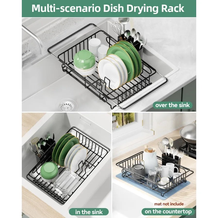 Expandable Dish Drying Rack for inSink OverSink and Counter Use Dish Drainer with Removable Cutlery Holder Space Saving No Asse