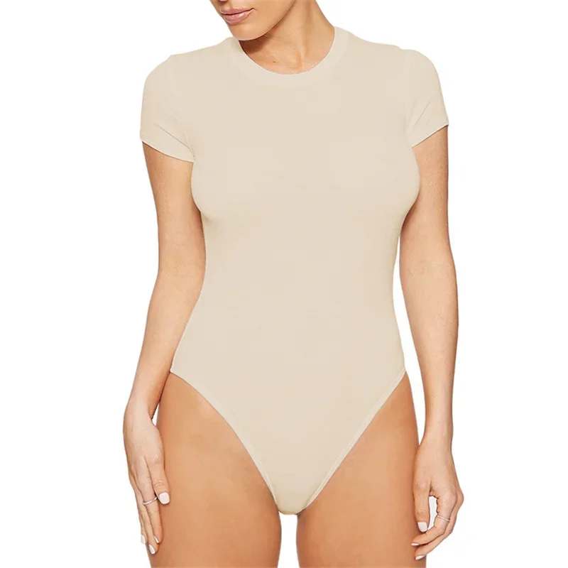 Women Solid Color Slim Fit Short Sleeve Bodysuit Without Trouser Leg Buttons Splicing Rompers Female Summer Casual Commuter Wear women jumpsuit