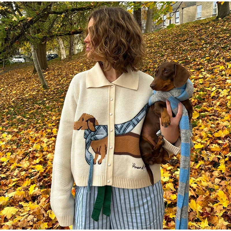 Casual Knitted Printed Dog Cardigan Women Vintage Cute Lapel Single Breasted Short Sweaters Female Autumn Chic Street Knitwear